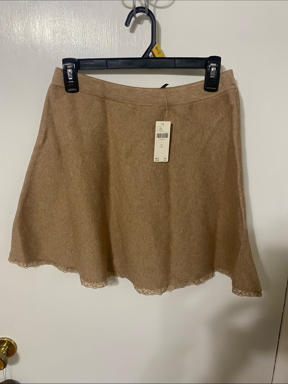 Anthropologie Camel Brown Knit Mini Skirt with Lace Hem